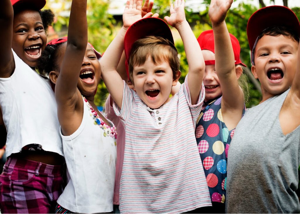 Group of kids school friends hand raised happiness smiling learning